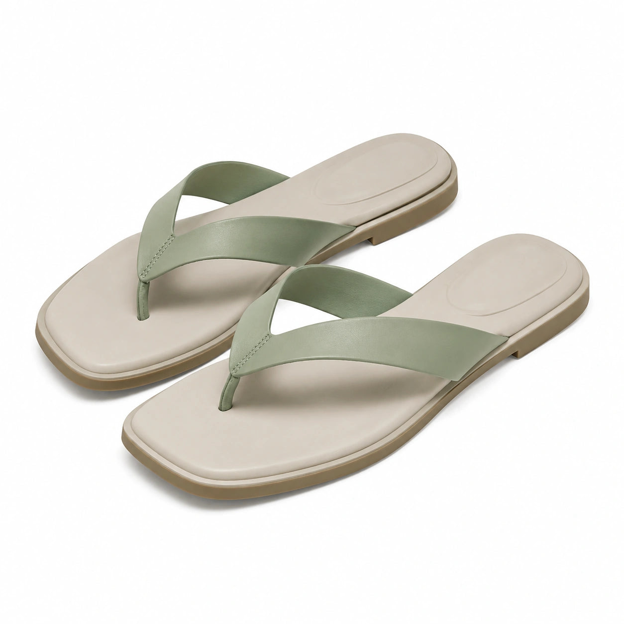 Zehentrenner 42/43 Kunstleder Salbeigrün Beige flache Sommerschuhe