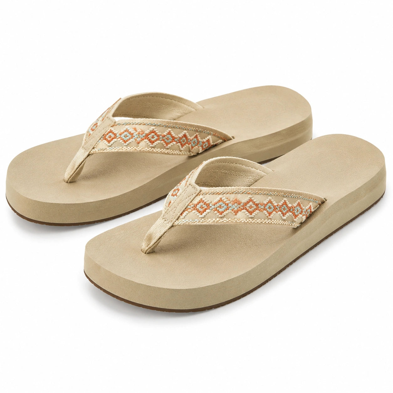 Damen Flip-Flops Größe 40/41 Beige mit Textilriemen und Ethnomuster für Sommer